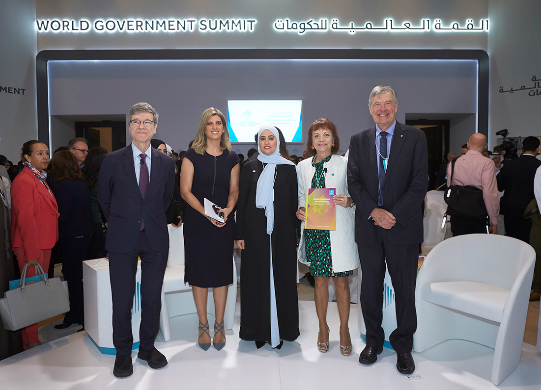 Authors of the 2nd edition of the Global Happiness and Well-being Policy Report present at the 7th annual gathering of the World Government Summit in Dubai on February 10, 2019